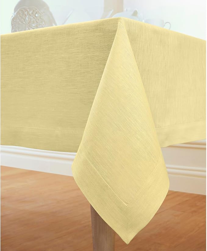 Solino Home Linen Tablecloth 60 x 90 Inch - 100% Pure Linen Chambray Yellow Table Cloth for Rectangular Tables - Athena, Machine Washable Cloth Tablecloth for Summer