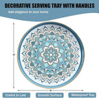Round Cyan Decorative Tray for Coffee Table, Ottoman, 13” Plastic Serving Platter Tray with Handles for Entertaining, Living Room