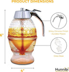 Hunnibi 8oz No Drip Glass Honey Dispenser with Plastic Top - Honeycomb-Style Syrup Server and Bee-Themed Storage Jar with Stand - 6" Clear Container for Honey, Maple Syrup
