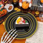 WDF 200PCS Black and Gold Plastic Plates - Black Plates Disposable for Party - Heavy Duty Plastic Plate for Halloween/New Year
