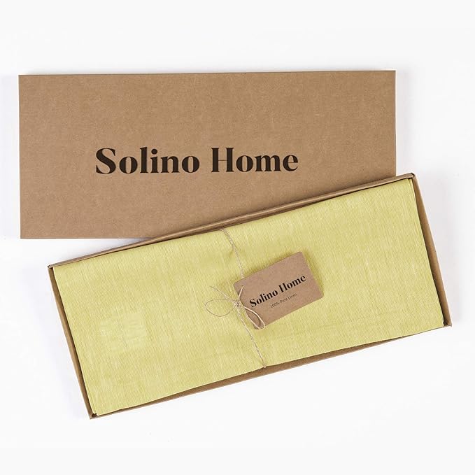 Solino Home Linen Table Runner 120 Inches Long - Athena, 100% Pure Linen Chambray Yellow 14 x 120 Inch Table Runner for Dining, Summer