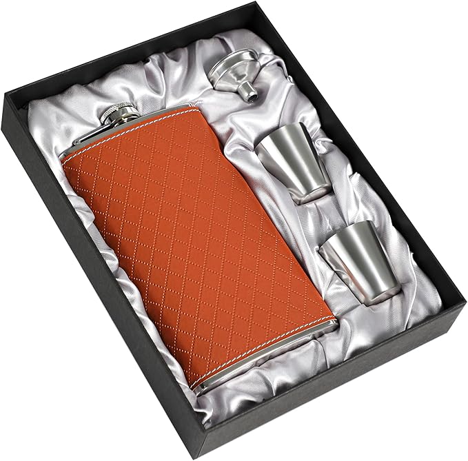 Flask For Men,350ml/12oz Hip Flask,304 Food Grade Stainless Steel,2 Cups And Funnel Portable Gift Box For Whiskey Rum Groomsman Best Man Usher Wedding-Leather Rhomboid Stripe Brown