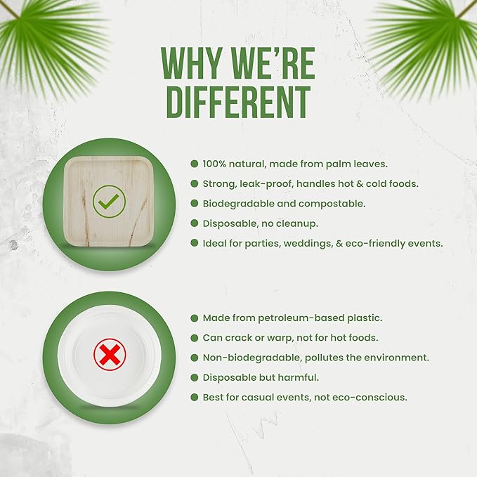 Palm Leaf Plates 10 Inch & 7 Inch (50-Pack), Square Bamboo Plates Disposable, Heavy Duty Compostable & Biodegradable Wooden Plates For Party, Catering Events, Weddings, & Dinnerware