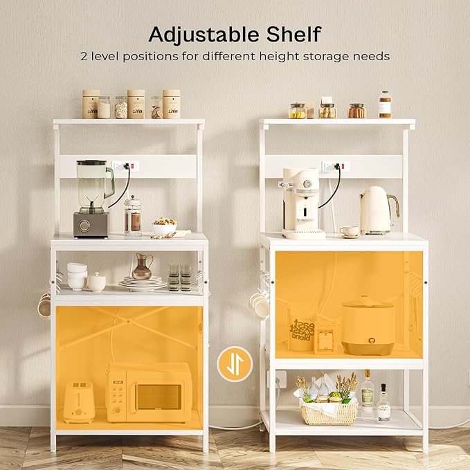 SUPERJARE Kitchen Bakers Rack with Power Outlet, Coffee Bar Table 4 Tiers, Kitchen Microwave Stand with 6 S-Shaped Hooks, Storage Shelf Rack for Spices, Pots and Pans - White
