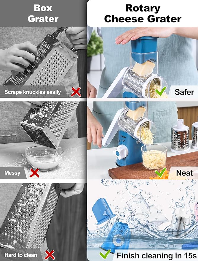 Cheese Grater Rotary, Rotary Grater for Kitchen, Kitchen Grater Vegetable Slicer with 3 Drum Blades, Fast Cutting Cheese Shredder for Vegetables and Nuts
