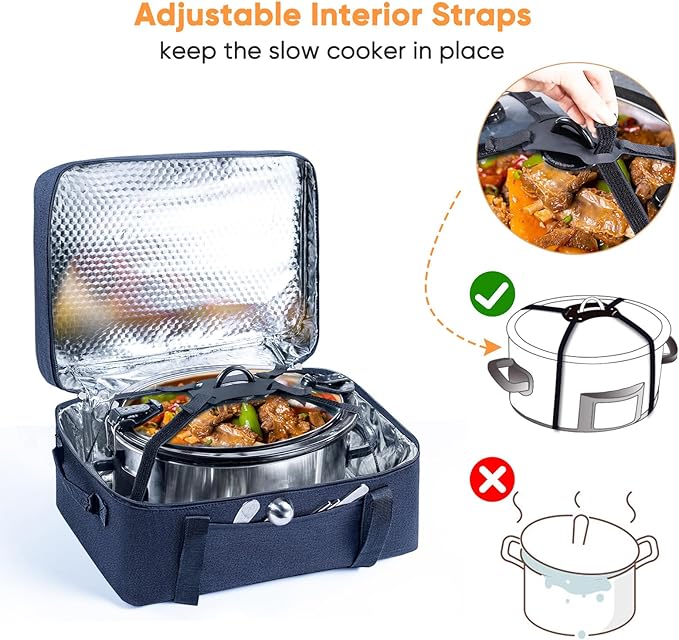 BAGSPRITE Double-Layer Slow Cooker Carrying Bag for 6-8 Quart CrockPot and Hamilton Beach Slow Cooker, Travel Bag with Lid Fastener for Crock-pot, Portable Carrier Case Slow Cooker Bag, Black