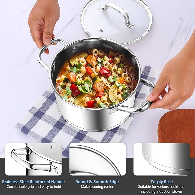 Stainless Steel Stock Pot 4 Quart, Homikit Induction Stockpot with lid for Soup Pasta Sauce Cooking Simmering, Tri-ply Heavy Bottom Compatible with All Stove, Dishwasher Safe