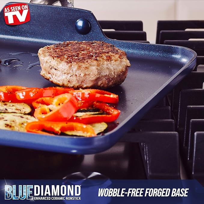 Blue Diamond 14 Piece Nonstick Cookware Set & 11" Griddle Pan, Diamond Ceramic Pots & Pans, Dishwasher & Metal Utensil Safe, Non Toxic PFAS-Free, Kitchen Cooking Sauce & Saute Pans, Oven 600F, Blue