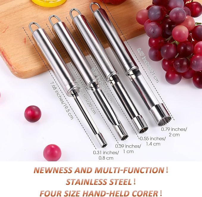 4 Pieces Multi Function Fruit Corer and Pitter Remover Set Stainless Steel Pear Corer Pitter 4 Sizes for Home Kitchen, Pear, Cherry, Jujube and Red Date
