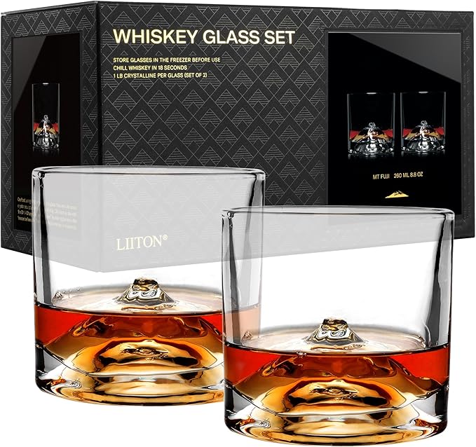 LIITON Mount Fuji Heavy Crystal Whiskey Glasses Gift Set of 2, Thick Freezable Bourbon Glass 1lb Each, Premium Whiskey Gifts for Men, Frozen Crystal Chills Cocktails, 10 oz