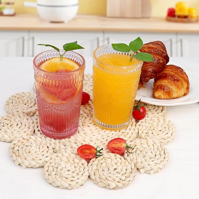 6pcs Vintage Drinking Glasses Set, 12 oz Pink Highball Glasses, Embossed Ribbed Glassware Cups for Cocktail, Water, Juice, Coffee, Whiskey