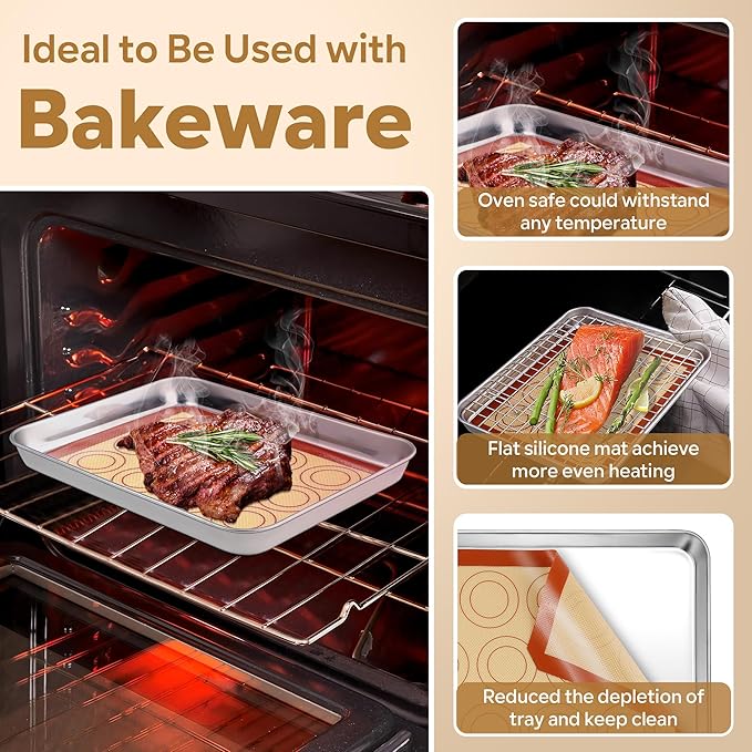 P&P CHEF 9.7 Inch Silicone Baking Mats, 2 Pcs Reusable Silicone Oven Mat, Non Stick Baking Supplies for Macaroon Pastry Bread Dough Cookie, Fits Well with Sheet Pan, Healthy & Easy Clean