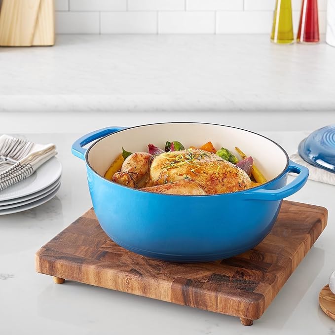 Amazon Basics Cast Iron Dutch Oven Pot with Lid, Enameled, Round, Dual Handles, Heavy-Duty, Medium, 6-Quart, Blue