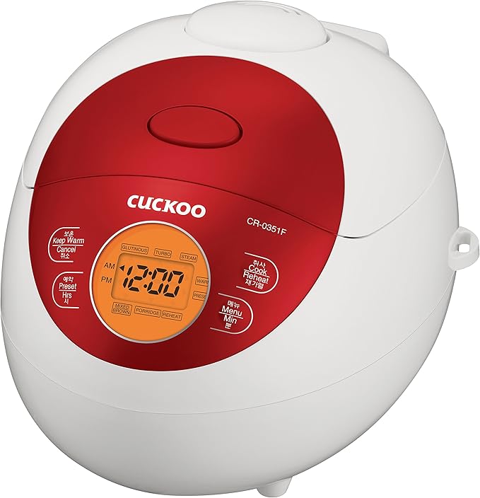 CUCKOO CR-0351FR 3-Cup (Uncooked) / 6-Cup (Cooked) Electric Warmer Rice Cooker with Nonstick Inner Pot, 5 Menu Modes, LCD Display, Fuzzy Logic Tech (Red)