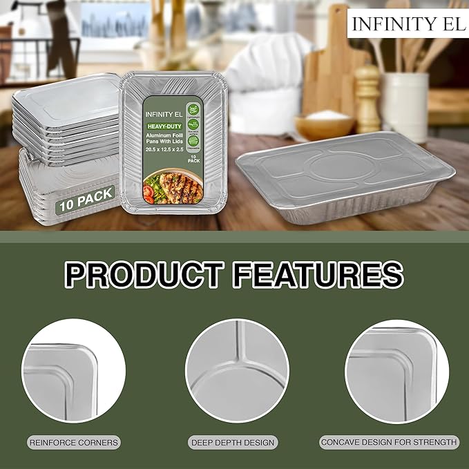 INFINITY EL Disposable Aluminum Foil Pan with Lids 10 Pack | Full Size Steam Shallow 20.5" x 12.5" x 2" Heavy Duty Aluminum Pan with Lids | Disposable Baking Pan for Roasting Turkey, Lasagna, Parties