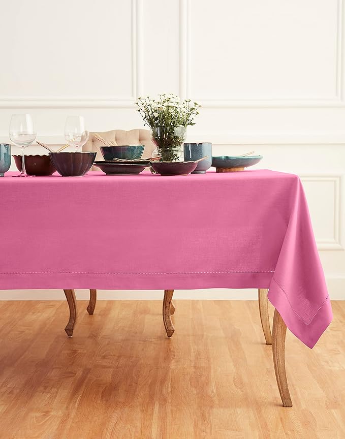 Solino Home Linen Tablecloth for Rectangle Tables 60 x 120 Inch - Classic Hemstitch 100% Pure Linen Flamingo Pink Table Cloth - Machine Washable Cloth Tablecloth for Summer, Halloween
