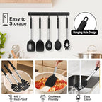 TeamFar Cooking Utensils Set, 5 PCS Silicone Kitchen Utensils with Stainless Steel Handle, for Nonstick Cookware Flipping Frying Turning Draining, Heatproof & Healthy, Nonstick & Easy Clean, Black