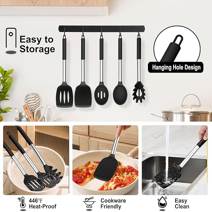 TeamFar Cooking Utensils Set, 5 PCS Silicone Kitchen Utensils with Stainless Steel Handle, for Nonstick Cookware Flipping Frying Turning Draining, Heatproof & Healthy, Nonstick & Easy Clean, Black