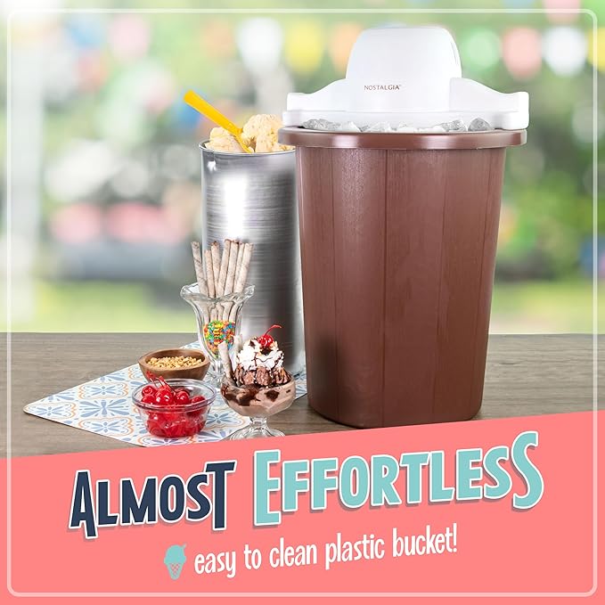 Nostalgia Electric Ice Cream Maker – Parlor Style, Old Fashioned Soft Serve Ice Cream Machine Makes Frozen Yogurt or Gelato in Minutes - Fun Kitchen Appliance – White & Dark Bown - 6 Quart