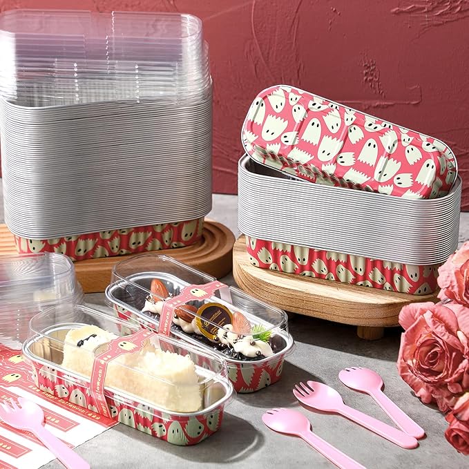 Tioncy 50 Pcs Halloween Mini Pink Loaf Pans with Lids Spoons Sticker Cute Ghost 6.8oz Disposable Rectangle Aluminum Foil Baking Pans Muffin Cupcake Cups for Picnics Birthday Halloween Party Supply
