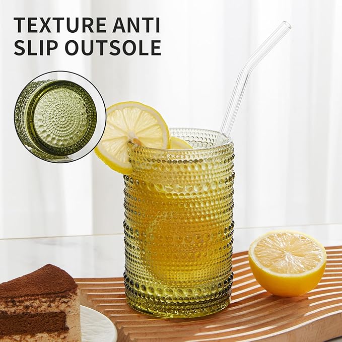 Vintage Hobnail Drinking Glasses Set of 12 (15oz) – Embossed Green Textured Tumblers, Non-Slip, Dishwasher Safe for Cocktails, Whiskey, Bar & Kitchen Cups