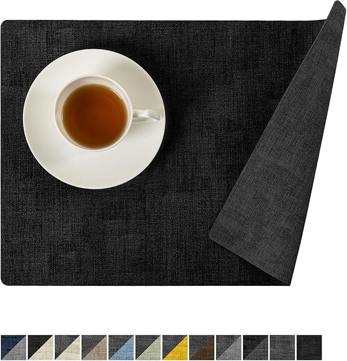 Romanstile Reversible Vinyl Placemats Set of 6, Faux Leather 100% Waterproof Oil-Proof Wipeable Place Mats, Heat Resistant Dual Sided Table Mats for Kitchen/Dining/Party (Grey Black, 12 x 17 Inch)