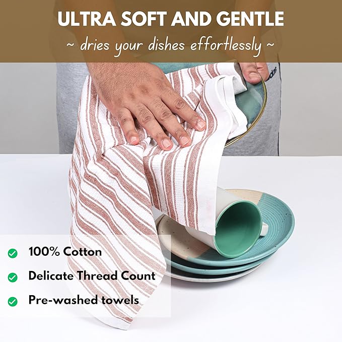 Native Fab Kitchen Dish Towels 16x26 inches - Set of 12 - Basket Weave 100% Cotton Striped Tea Towels, Wash Cloths for Drying Dishes, Absorbent Hand Towels with Hanging Loop - Rust