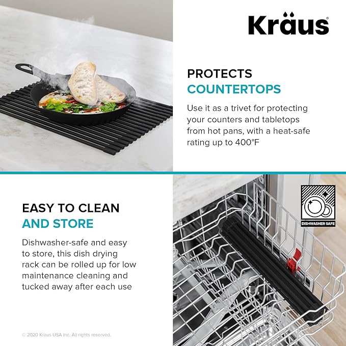 Kraus Multipurpose Workstation Sink Roll-Up Dish Drying Rack, Colander and Trivet in Black, KRM-11BL (Pack of 2)