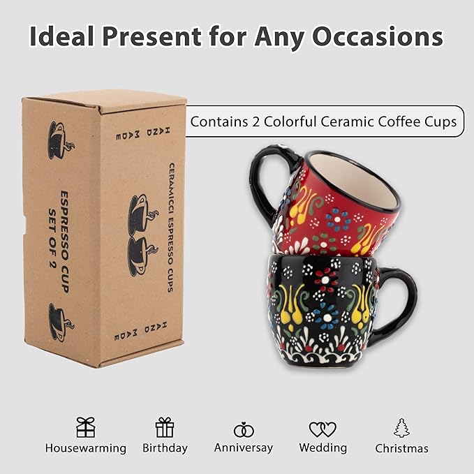 Espresso Cups Set of 2 | 4 oz Small Espresso Cups | Turkish Tea Cups | Demitasse Mugs with Handle | Modern Stackable Ceramic Espresso Mugs Set (RED/BLACK)