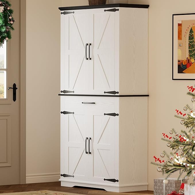 IRONCK Farmhouse Kitchen Pantry Cabinet, Tall Storage Cabinet with 6 Hanging Shelves and Adjustable Shelves, Freestanding Cupboard with Barn Doors for Kitchen, Dining Room，White/Black