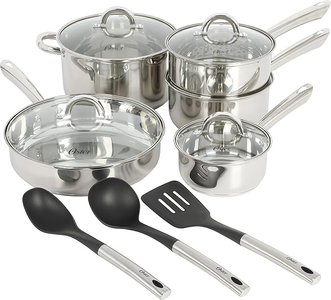 Oster Sangerfield 12-Piece Stainless Steel Cookware Set With Kitchen Tools, Non-Stick Pots and Pans, Durable Oven Safe Cookware for Home Cooking