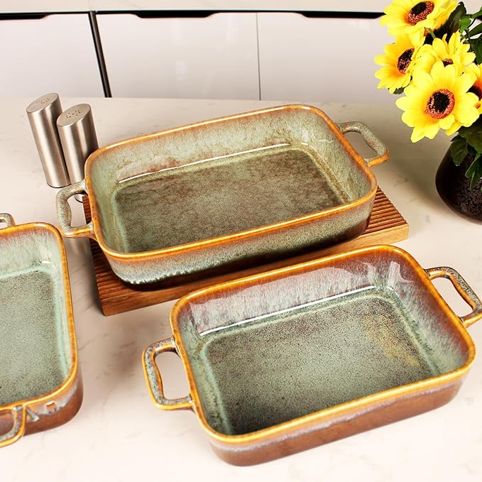 Rectangular 10 x 8 Casserole Dish, 1.9 Qt Ceramic Au gratin Baking Dish with Handles, or for mixing, salad, pasta plate, Best gift for those who love baking, Microwave, Oven safe