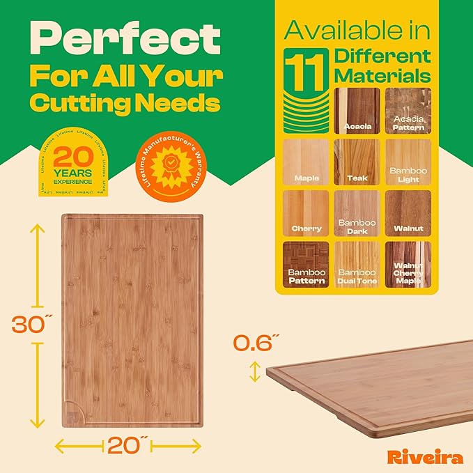 Riveira Brown Bamboo Wood Cutting Board – Gourmet Bamboo Grandeur: 20 x 30 Wooden Cutting Board – Wooden Cutting Boards For Kitchen Decorative – Innovative Juice Grooves Wooden Chopping Board