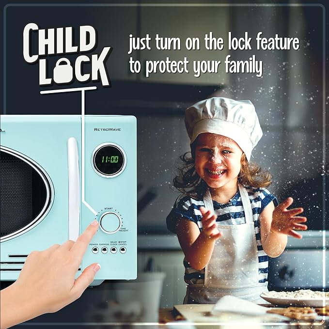 Nostalgia Retro Countertop Microwave Oven, 0.9 Cu. Ft. 800-Watts with LED Digital Display, Child Lock, Easy Clean Interior, Aqua
