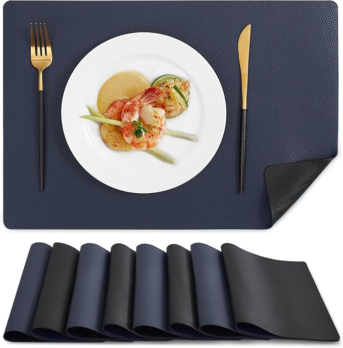 MOSAYT Vinyl Placemats Set of 8, Heat Resistant Place Mats 100% Waterproof Washable & Wipeable Faux Leather Reversible Table Mats for Kitchen Dining Party Indoor Outdoor, 12" x 17", Black/Navy