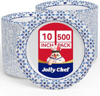 JOLLY CHEF 10 inch Disposable Paper Plates 500 Count, Soak Proof, Cut Proof, Heavy Duty Paper Plates for Thanksgiving or Everyday Use