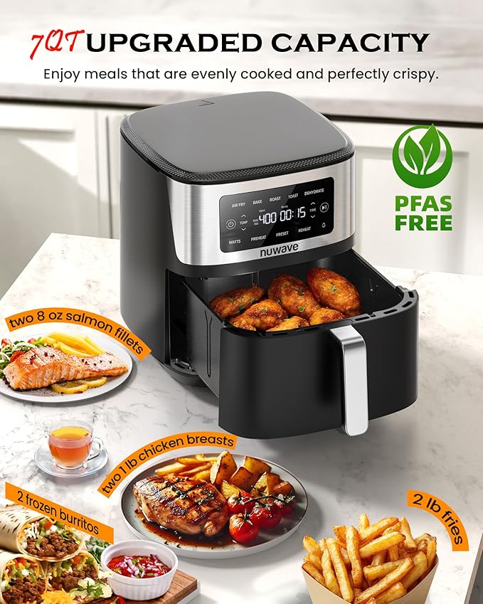 Nuwave Brio Plus 6-in-1 Air Fryer, 7-Qt Large Capacity, 50°F–400°F Precise Temp Control, Non-Toxic PFAS-Free Nonstick, Air Fry, Bake, Roast, Toast, Dehydrate, Reheat, 100 Presets, Dishwasher Safe