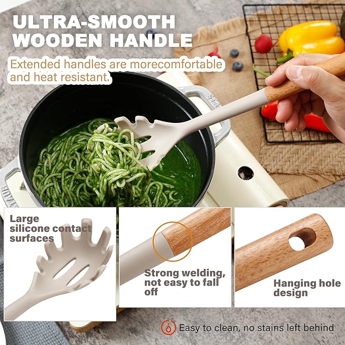 QMVESS Silicone Cooking Utensils Set, Kitchen Utensils Set 7 Pcs with Long Wooden Handle, Food Grade and Heat Resistant Large Silicone Spatula Set for Nonstick Cookware, BPA Free（Khaki）