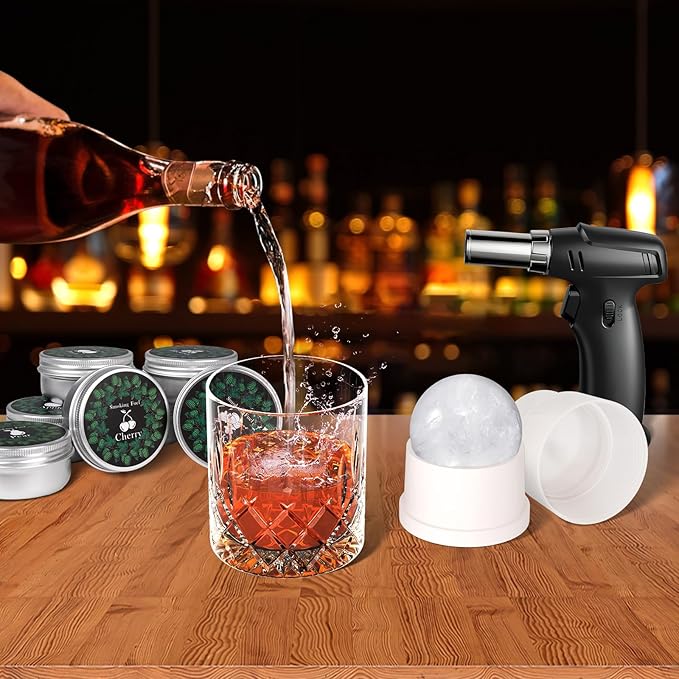 Whiskey Smoker Kit with Torch - 8 Natural Wood Chips Flavors, 2 Glasses, 2 Ice Molds - Cocktail Smoker Infuser Kit, Old Fashioned Smoker Kit, Birthday Bourbon Whiskey Gifts for Men, Dad