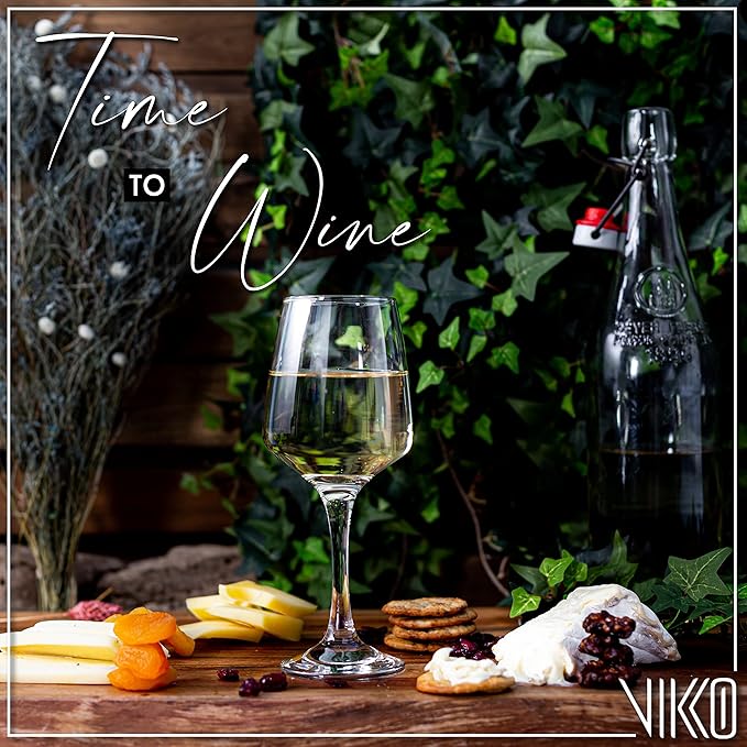 Vikko 9.5 Ounce Wine Glasses | Beautifully Shaped – Thick and Durable Construction – For Parties, Entertaining, and Everyday Use – Dishwasher Safe – Set of 6 Clear Glass Wine Glasses – 2.4” Diameter x