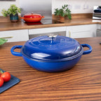 Shallow Cast Iron Casserole with Lid – Non Stick Dutch Oven Pot, Oven Safe up to 500° F – Sturdy Ovenproof Stockpot Cookware – Enamelled Cooking Pot – Dark Blue, 5-Quart, 32cm – by Nuovva