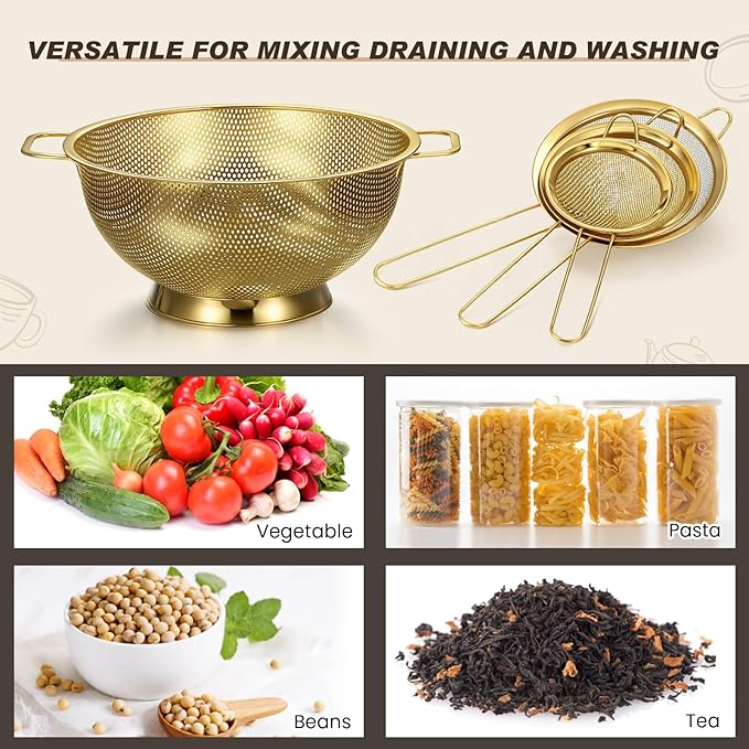 Norme 4 Quart Stainless Steel Gold Colander and 3 Pcs Gold Fine Mesh Strainer, Stainless Steel Pasta Rice Food Metal Strainer with Handles, Easy Clean and Dishwasher Safe