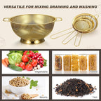 Norme 4 Quart Stainless Steel Gold Colander and 3 Pcs Gold Fine Mesh Strainer, Stainless Steel Pasta Rice Food Metal Strainer with Handles, Easy Clean and Dishwasher Safe
