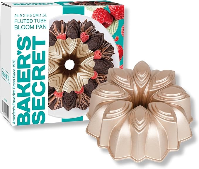 Baker's Secret Nonstick for Fluted Cake Pan, Perfect for Fluted Cakes, Die Cast Aluminum Cake Pans, 2 Layers Non-stick Coating For Easy Release, compatible with Fluted Cake Pans - (Bloom)