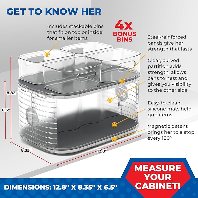 Mighty Susan Kitchen Organizer for Canned Goods: 2-Tiered Robust Turntable Organizer for Cabinet/Pantry. Steel Reinforced Holds Up To 30 lbs. Rotates 360° for Maximum Visibility. Includes 2 Bonus Bins