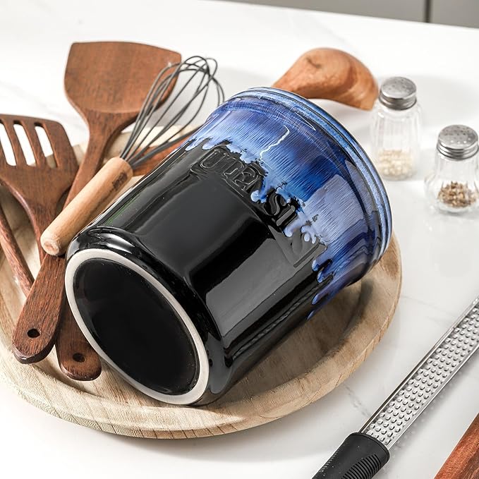 KOOV Cooking Utensil Holder, Large Ceramic Utensil Crock, Deep and Stable, Utensil Caddy for Countertop, Reactive Glaze (Nebula Blue)