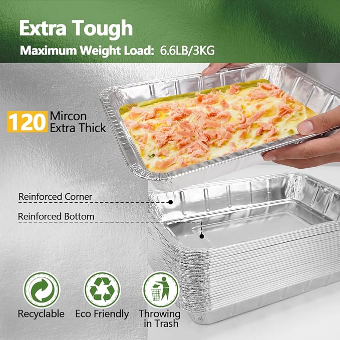 Thickened 30 Pack Heavy Duty Aluminum Foil Pans, 9x13 Disposable Aluminum Tin Foil Pans for Baking Roasting & Chafing, Half Size Steam Table Deep Pans, Extra Cake & Oven Pan