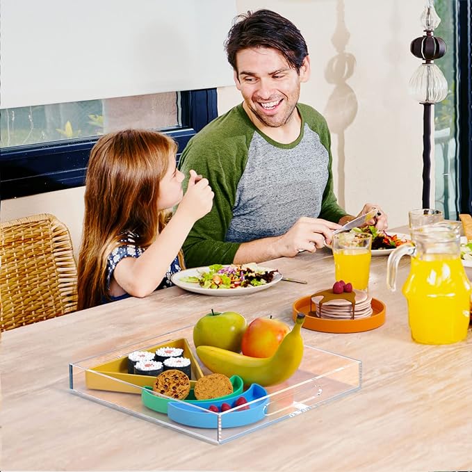 NIUBEE Acrylic Serving Tray 15x15 Inches -Spill Proof- Clear Decorative Tray Organiser for Ottoman Coffee Table Countertop with Handles