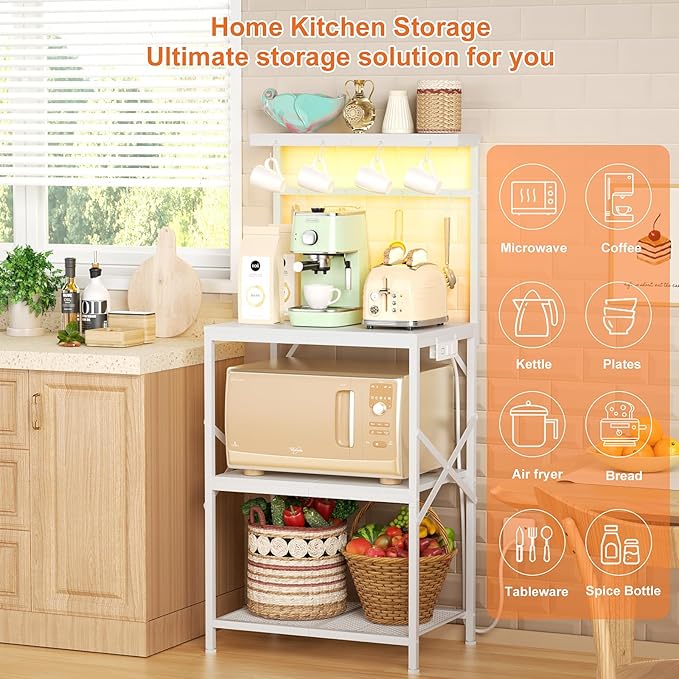 Kitchen Bakers Rack with Power Outlet & LED Lights, Small Coffee Bar Table with Adjustable Storage Shelf, 4 Tiers Microwave Stand with 8 Hooks, Coffee Station for Appliance Organizer, White