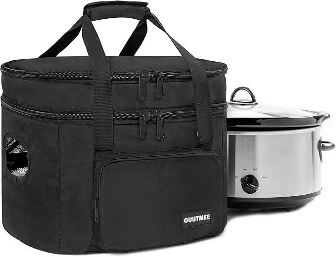 Slow Cooker Travel Bag, Double Layers Insulated Slow Cooker Carrier, Compatible with 6-8 Quart Crock Pot, Travel Carrier with Easy to Clean Lining and Large Pocket for Accessories